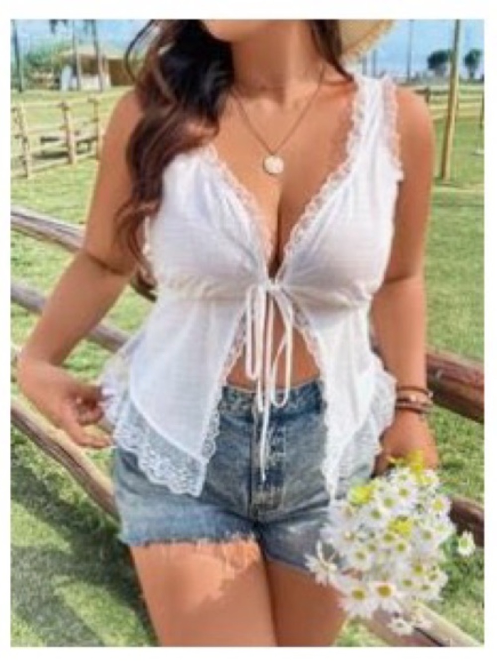 SHEIN White Lace-Trim Tie-Front Cami Top